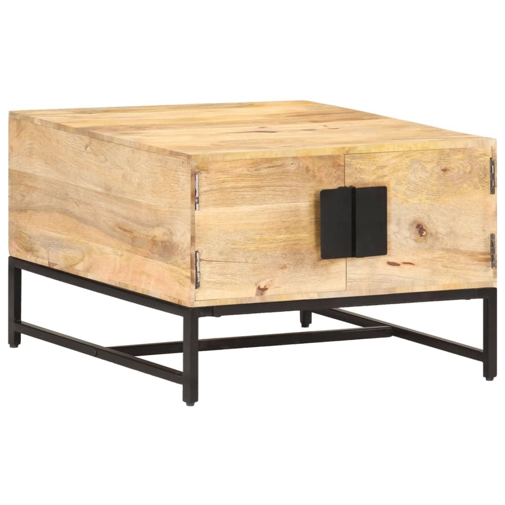 Table basse manguier massif avec étagère et cadre en métal noir