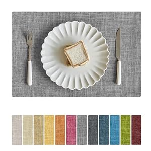 Softalker Faux Linen Placemats Set of 6-12 x 18 Inch, Heat Resistant Double Layered Durable Burlap Farmhouse Place Mats, Non-Slip Washable Rustic Table Mats for Dining, Kitchen, Party（Light Grey