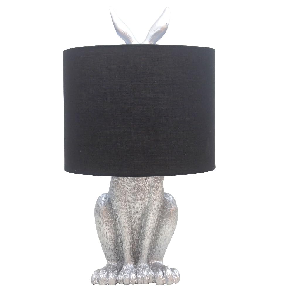 Britalia Silver Resin Hiding Hare Sculpture Vintage Table Lamp with Black Cotton Drum Shade | 46cm Height | 1 x ES E27 Lamp Bulb Required | UK Approved | High Definition Resin Rabbit