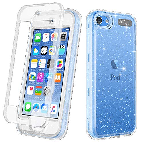 Lamcase for iPod Touch 7 iPod Touch 6 iPod Touch 5 Case, Crystal Clear Glitter Sparkly Bling Shockproof Hybrid Three Layer Protective Cover for iPod Touch 7th 6th 5th Generation, Clear Silver Glitter