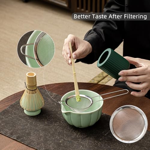 Matcha Whisk Set, Matcha Set Includes Ceramic Matcha Bowl, Bamboo Whisk, Scoop, Chasen Holder, Sifter - 5 Pcs Perfect Matcha Kit for Macha Lover (Emerald Green)