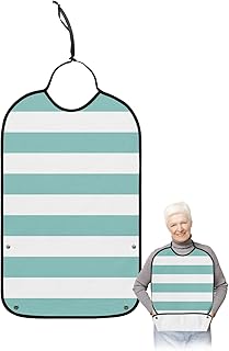 BOBOWUNY Green Stripes Adult Bibs for Elder Women Men Eating, Simple Green White Texture Waterproof & Washable Bibs for Eating Clothing Protector Dining Bibs for Crumb Catcher