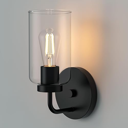 Zevluck - Lámpara de pared de 1 luz, moderna lámpara de pared con pantalla de vidrio transparente, luz de tocador de baño negra mate, lámparas de