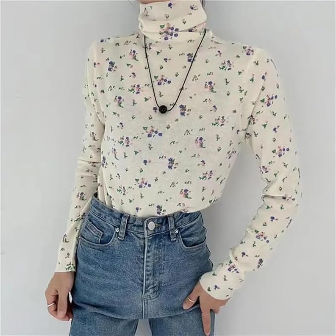 Chvity Womens Retro Floral Tops Turtleneck Long Sleeve Vintage Tee Fall Winter Basic Slim Blouse Shirts3