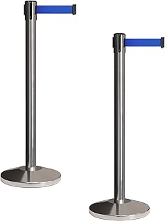 Crowd Control Warehouse CCW Set of 2 Retractable Belt Barriers Stanchion, Polished Stainless Steel Post, RBB-100 (9 Foot Belt, Blue Belt)