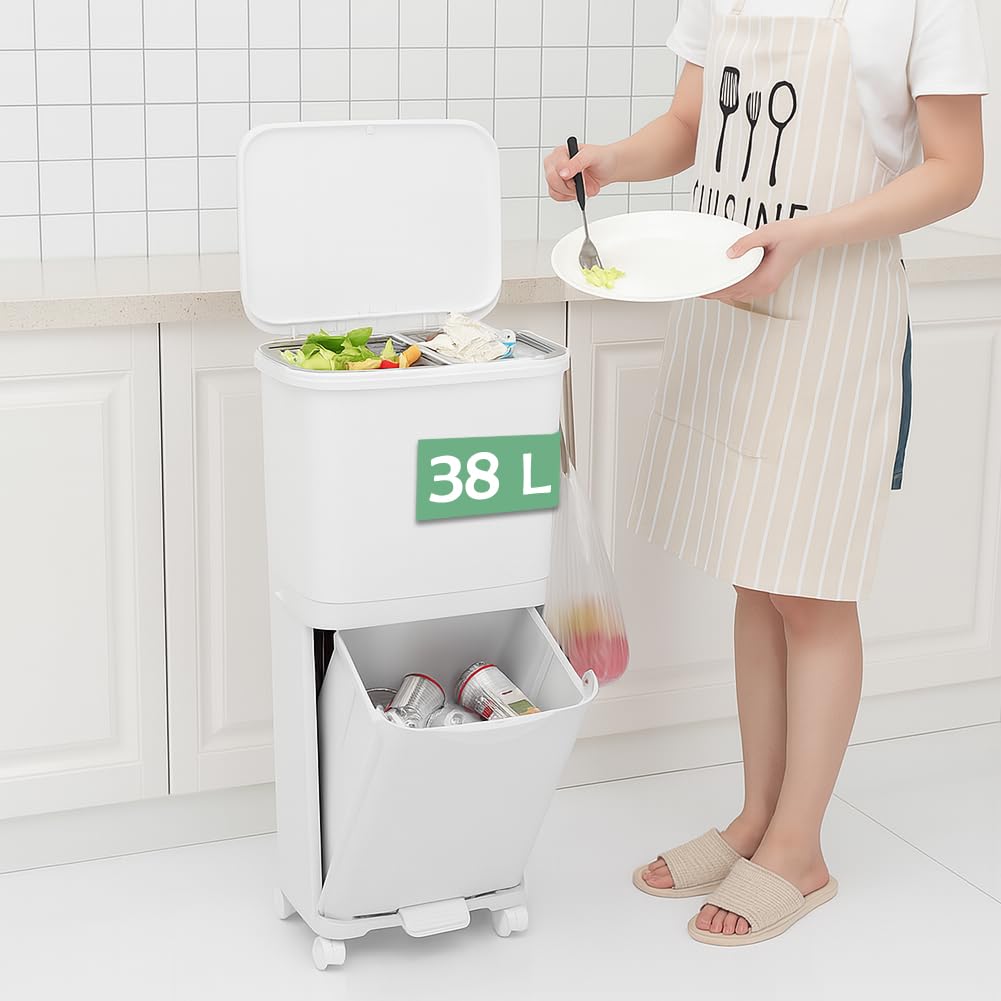 BAKAJI Cubo de basura de cocina con capacidad de 38 litros, doble cubo que ahorra espacio para separación de basura, basura para recogida diferenciada, 1 cajón abatible, 42 x 28,5 x 73 cm (38 litros)