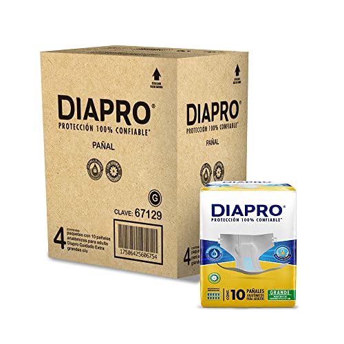 Diapro Pañal Anatómico Desechable para Incontinencia, Talla Grande, Unisex, Caja con 40 Piezas (4 paquetes de 10 piezas c/u), con protección trasera