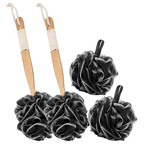 Trillnaber 4 Pack Shower Ball, 2 Premium Loofah Back Scrubber with Extended Reach Handle 15.5'' & 2 Black Large Shower Loofah Bath Sponge, Exfoliating Loofa Loofah Sponge for Men & Women