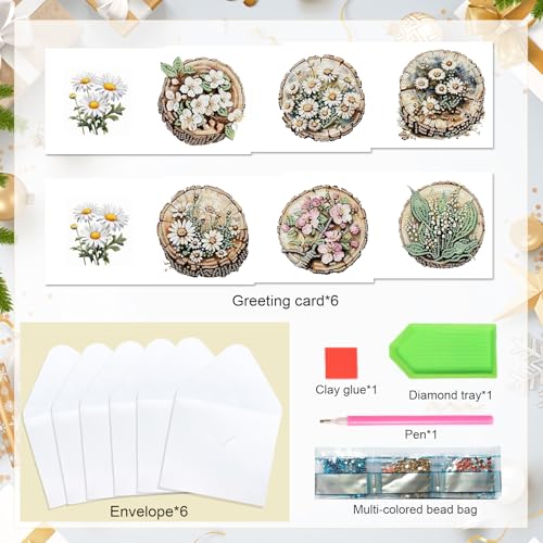 Image of 6 Pack Diamond Painting Greeting Card Kits with Envelopes, 5D Handmade Floral Wooden Slice Cards, DIY Crystal Rhinestone Diamond Art Cards for Christmas, Birthday, Thanksgiving, and Holidays