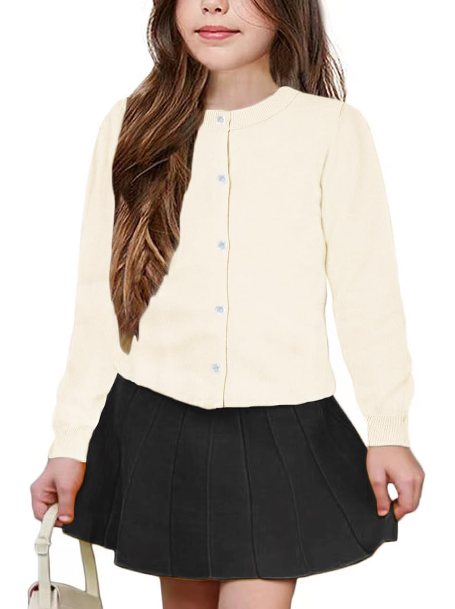 Girls' Cardigan Sweater [Cute Petal Buttons] Cotton Long Sleeve Crewneck Uniform Sweater for 5-14 Years Girls