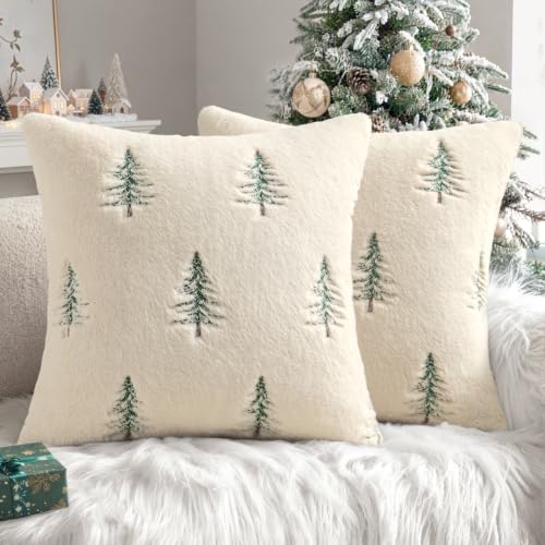Image of MIULEE Christmas Decorative Faux Fur Pillow Covers 18x18 Inch Beige Green | Set of 2, Embroidered Christmas Tree Throw Pillows, Winter Couch Covers, Festive Home Decor for Sofa Bedroom Living Room