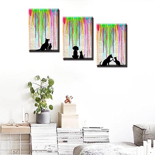 Tucocoo Room Wall Pictures Graffiti Rainbow Paintings 3 Piece Canvas Cute Cat Dog Animal Wall Art Creative Modern Artwork Home Decor For Living Room Framed Gallery-Wrapped Ready To Hang 42''Wx20''H #TOP3
