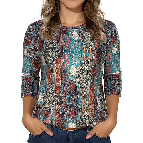 3/4 Sleeve Tops for Women Basic Crew Neck Spring Blouses Casual Fit Fall T Shirts