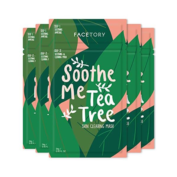 FaceTory-Soothe-Me-Tea-Tree-2-Step-Sheet-Mask-with-Tea-Tree-Oil-for-Acne-Prone-Skin-Pack-of-5 FACETORY K Beauty Face Mask Skin Care - Soothe Me Tea Tree 2-Step Sheet Mask with Tea Tree Extract & Chamomile + Soothing Ampoule | Skin Calming, Acne Clearing (5 Pack)