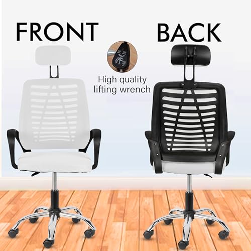 Image of Casa Copenhagen,Mesh Office Desk,Rocking, Ergonomic Computer Chair Adjustable High with Headrest and Comfortable Armrest Swivel Chair - Snow White & Black Handle