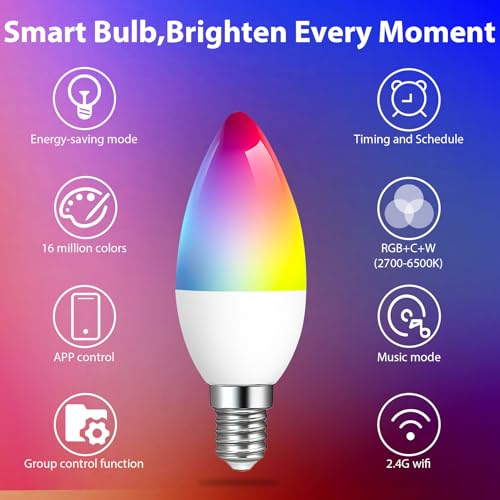 Smart Bulb E14,Alexa Light WiFi LED Candle Bulbs C37 Dimmable 2700K-6500K RGB Warm White Cool White LED with Music Sync DIY 16 Million Colors Works with Alexa Google Home App No Hub Required 2 Pack - Image 3