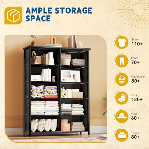 DWVO 10 Drawer Dresser - Fabric Storage Tower, Organizer Unit for Bedroom, Living Room, Hallway, Closets - Sturdy Steel Frame, Wooden Top & Easy Pull Fabric Bins