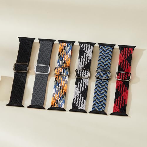 Image of 6 Pack Braided Stretchy Bands Compatible with Apple Watch Band 38mm 40mm 41mm 42mm 44mm 45mm 46mm 49mm Women Men, Adjustable Nylon Solo Loop Elastic Straps for iWatch Series 11 10 9 8 7 6 5 4 SE Ultra
