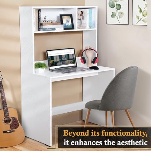 Image of ABOUT SPACE Study Table with Hutch - Computer Table with Storage for PC, Laptop & Writing, Gaming, Drawing DIY Engineered Wood Office Desk for Home (White L 80 x B 45 x H 150 cm)