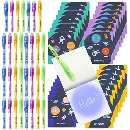 BONNYCO Boligrafo Tinta Invisible y Libreta del Espacio, Pack de 32 Regalos Cumpleaños Niños Colegio. Detalles Cumpleaños Niños, Relleno Piñata. Regalos Alumnos Primaria, Fiesta Infantil Galaxia