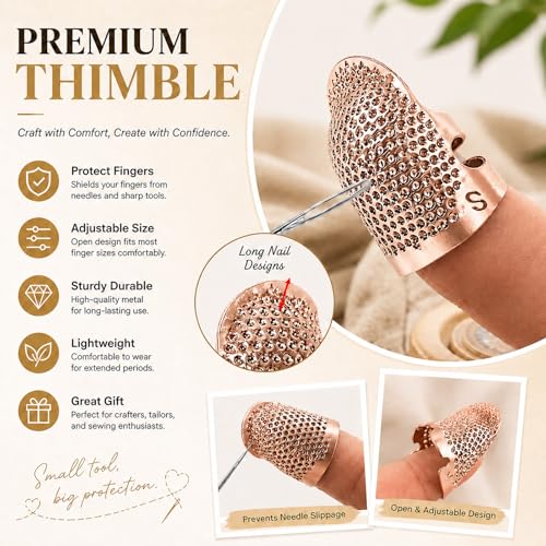 Image of Thimbles for Hand Sewing, Sewing Thimble Kit, Metal Finger Protectors, Thimble Ring for Hand Quilting and Embroidery(Rose Gold,1Pcs,Small)