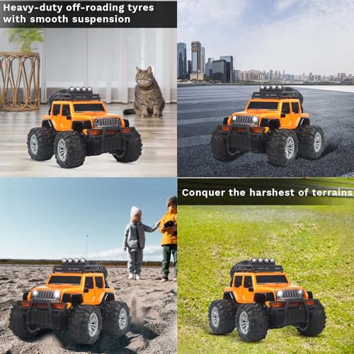 Image of popsugar Off Roader Rechargeable Remote Control Car | RC Car Monster Truck | 4 Headlight Modes | Lithium Battery | C-Type Charging | 2.4GHz Remote Controller | Made in India, Orange