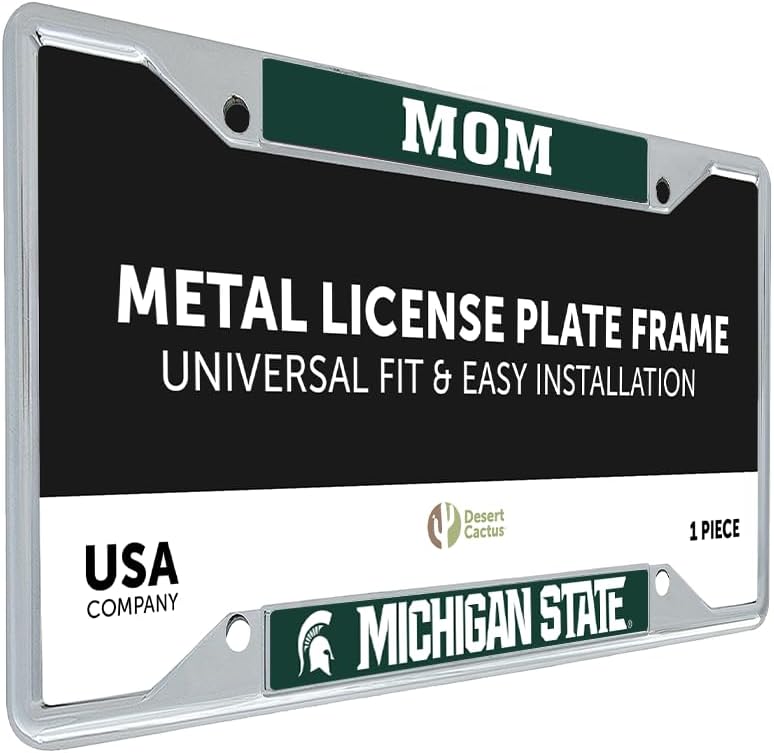 Desert Cactus Michigan State University Car Accessories Spartans Metal License Plate Frame and Tag Holder for Front or Rear of Car (Mom)