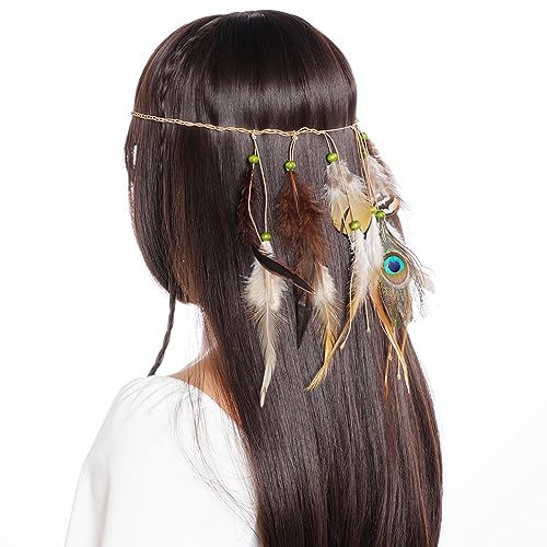 obmwang Indian Feather Headband Native American Tribal Costumes Head Dress with Feathers for Women and Girls