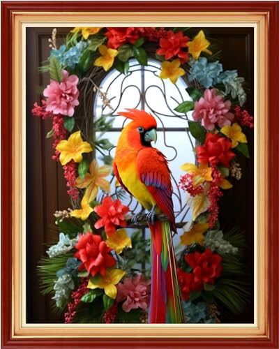 Image of Foxhool Beginners Cross Stitch Kits Stamped Full Range of Embroidery Kits for Adults DIY Cross Stitches kit Embroidery Patterns for Needlepoint kit-Wreath Parrot 16x20 inch