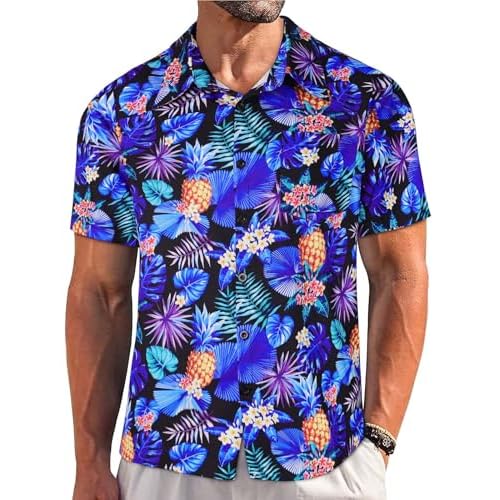 Mens Hawaiian Shirt Short Sleeve Summer Beach Casual Tops Button Down T Shirts with Pocket(Blue Pineapple,S)