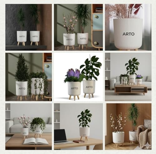Image of Arto Ribbed Planter Pot Set with Wooden Legs - White Indoor Plant Stand | Set of 2 Modern Mid‑Century Planter Pots for Home Decor | Elevated Plant Stands for Living Room, Balcony