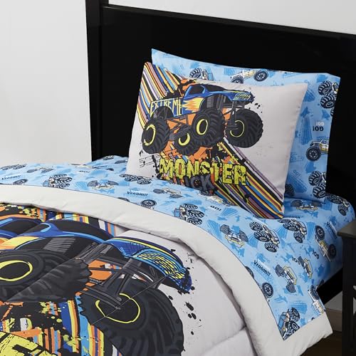 Image of Kids Bedding Set Bed in a Bag for Boys and Girls Toddlers Printed Sheet Set and Comforter, Twin, Monster Truck