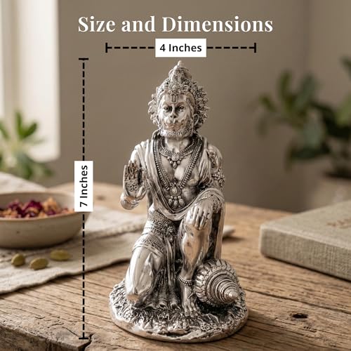 Image of Silver Plated Hanuman Idol - 7 Inch Divine Kneeling Bajrangbali Statue with Gada for Home Mandir and Office Sanctuary - Auspicious Vastu Decor and Spiritual Gift with Anti-Tarnish Finish