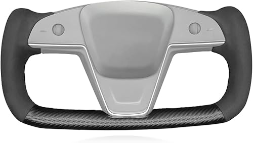 Miniatura 11 de MEWANT Funda para volante de cuero PU cosida a mano y fibra de carbono brillante para Tesla Yoke Modelo S Plaid 2021-2023 / Modelo X 2021-2023 11