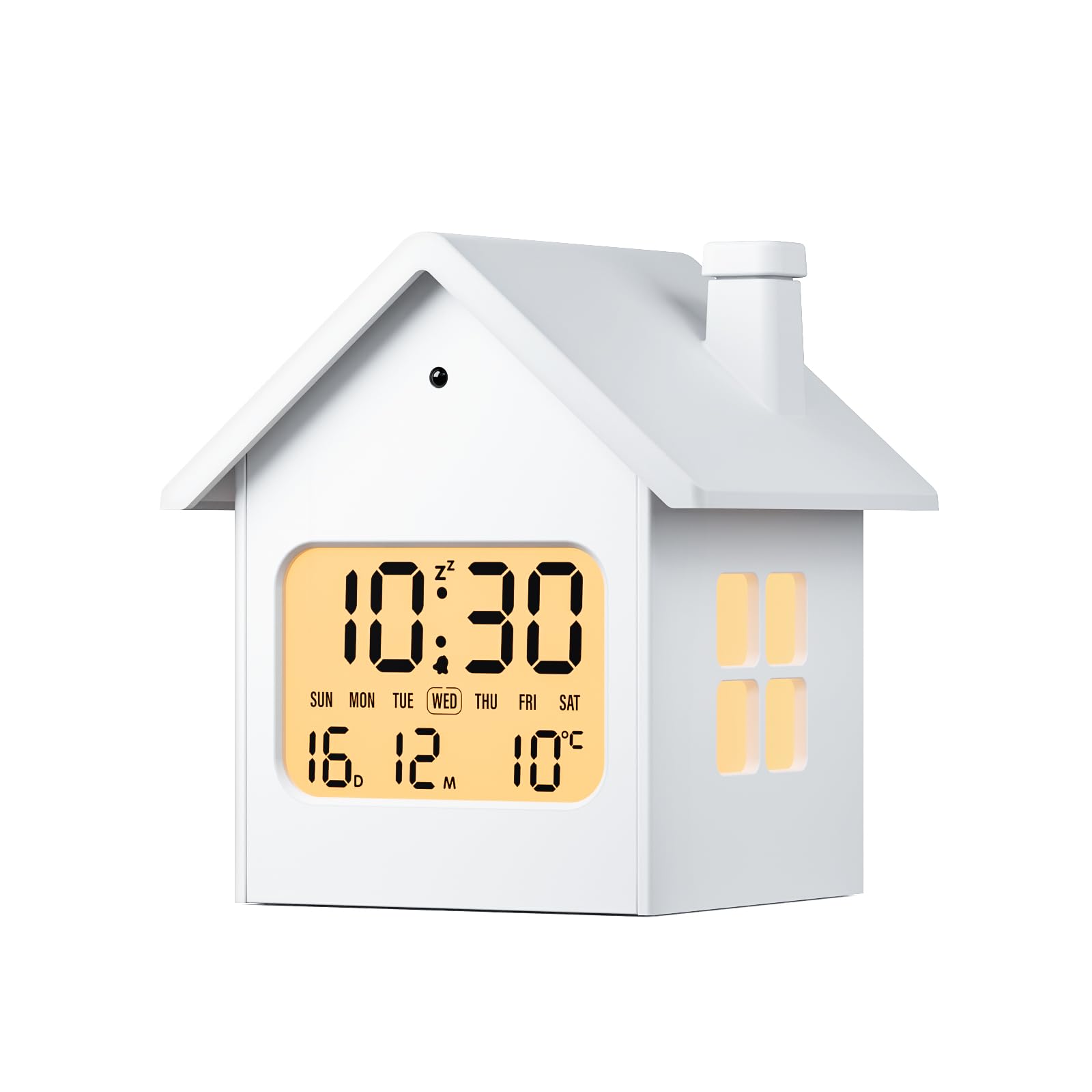 Cloka Alarm Clock for Kids, LCD Digital Alarm Clock Bedside with Light, Temperature, Date & Day, Snooze, 12/24H, Backlight, Mains & Battery Operated Small House-shaped Clock (Included Battery)