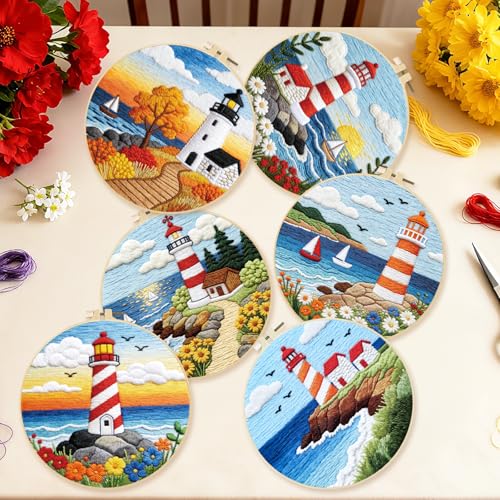 Image of BEUNITONE 6 Set Beginner Embroidery Kit for Adults with Pre-Printed Washable Lighthouse Pattern, DIY Needlepoint Craft Kits for Cloth with Embroidery Hoop and Instruction, Funny Gifts for Home Decor