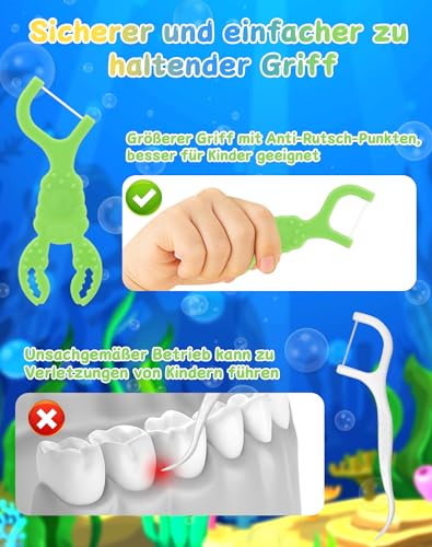 NETONDA 128 Stück Zahnseide Kinder Dental Floss für engen Zahnzwischenräume Zahnseide Sticks mit 4 bunte Griffe in Form von Meerestieren Flossers Kids - Fluorfrei, wachsfrei, rutschhemmend(4X32Stk) – Bild 6