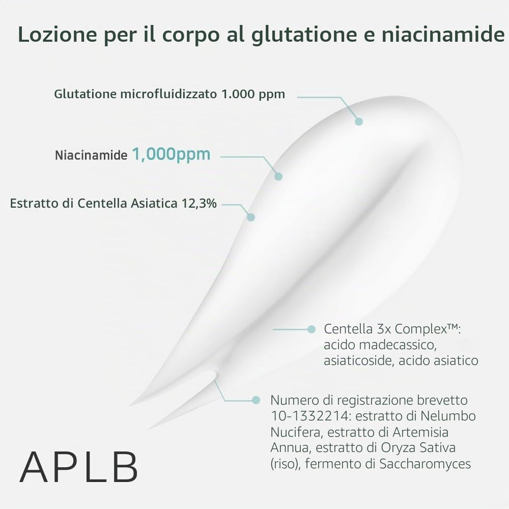 APLB Glutatione Niacinamide Lozione per il corpo | LIPO GLUTA NIAC CEN™ 12,5% 10,14 FL.OZ/Cura della pelle coreana, Idratazione a lunga durata, Rivitalizza per una pelle delicata e migliora la