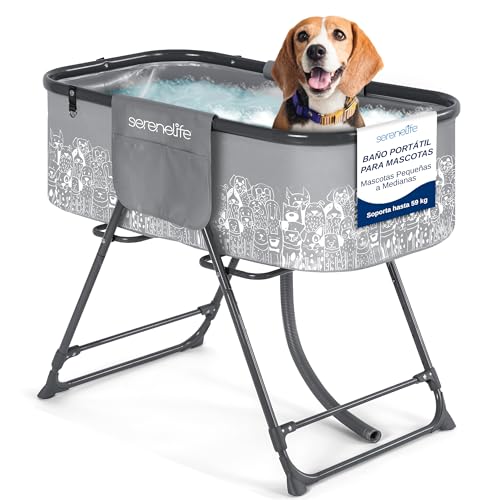 SereneLife bañera para Perros, Plegable, Altura Ajustable, con Manguera de Drenaje y Bolsillos de Almacenamiento, para Uso en Interiores y Exteriores