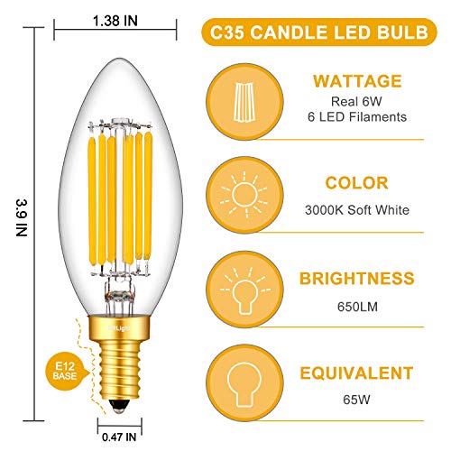 CRLight 6W 3000K Dimmable LED Candelabra Bulb Soft White, 65W Equivalent 650LM, E12 LED Light Bulbs, B11 Candle Clear Glass Decorative Chandelier Bulbs, Smooth Dimming Version, 8 Pack - Image 4