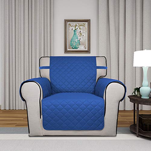 Image of PureFit Reversible Quilted Sofa Cover, Water Resistant Slipcover Furniture Protector, Washable Couch Cover with Non Slip Foam and Elastic Straps for Kids, Pets (Chair, Classic Blue /Ivory), Small
