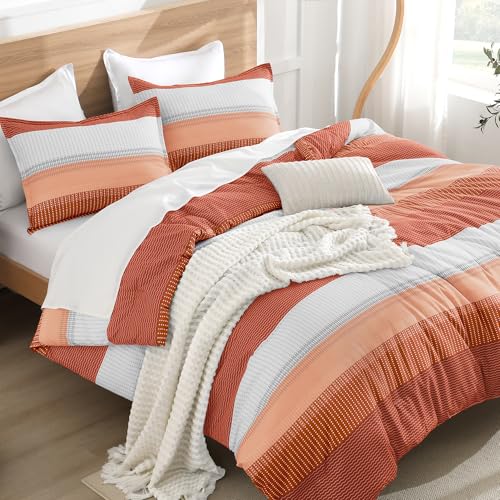 Litanika Burnt Orange California King Comforter Set - 3 Pieces Boho Terracotta Cal King Oversized Lightweight Summer Rust Colorblock Stripe Bedding Set (104x96In, 2 Pillowcases)