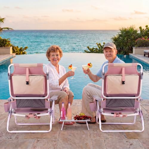 Image of Giantex Folding Beach Chair, Patio Sling Chairs with 5 Adjustable Position, Head Pillow, Storage Bag, Towel Bar, Cup Holders, Backpack Chairs for Sunbathing, Camping Chair
