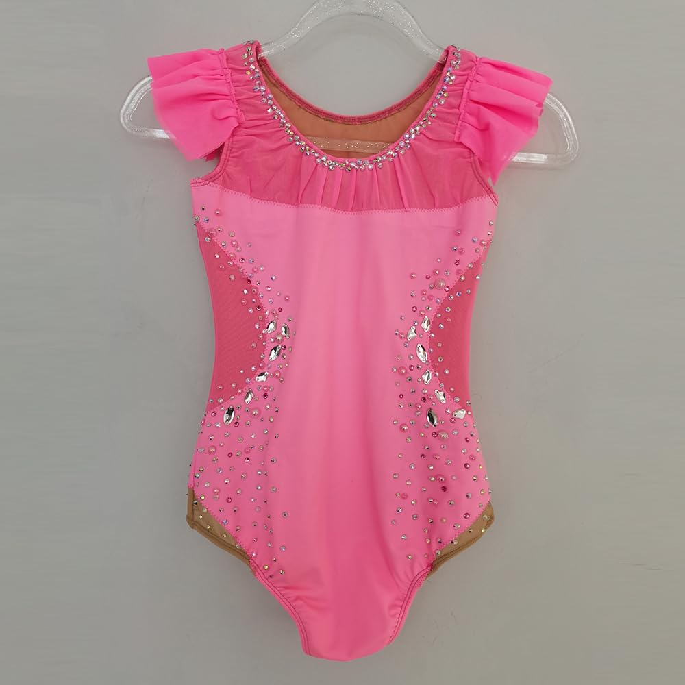 LIUHUO Maillot de gimnasia rítmica rosa sin mangas Flash Drill Competición Performance ropa