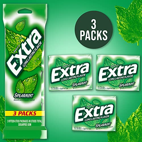 EXTRA Spearmint Sugar Free Chewing Gum, 3 Packs of 15 Pieces (45 Total Pieces)