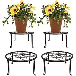 Bases Hierro Forjado Maceteros 4 soportes de metal negro para flores, soporte para plantas, soporte de hierro forjado, redondo, macetero, base para balcón interior, exterior (marrón)