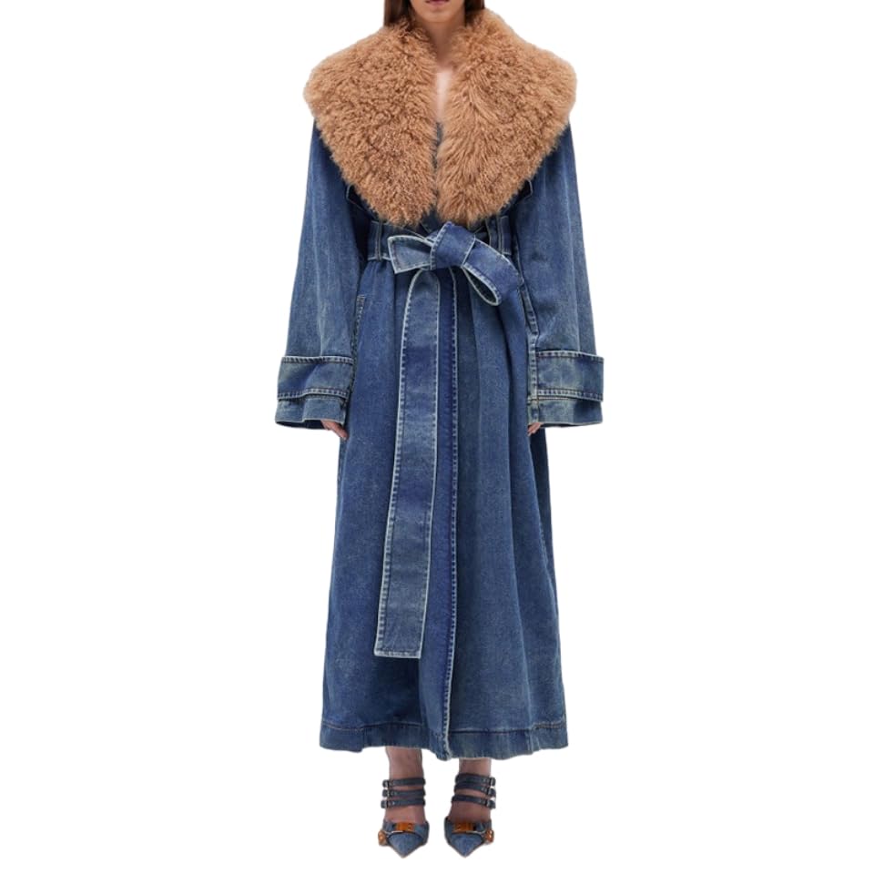 Womens Winter Warm removable fur collar Long Jean Jacket Denim maxi oversize Jacket Trench Coat with Belt