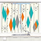 Vintage Mid Century Diamond Kitchen Curtain, Mid-Century Modern Mid Retro Grid and Orange Century...