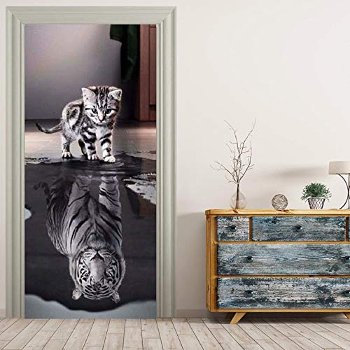 3D Tür Aufkleber Wandtattoo Abnehmbare Wasserdichte Vinyl Aufkleber Katze Und Tiger Für Wohnzimmer Schlafzimmer Wohnkultur Diy Wandaufkleber 77X200 Cm
