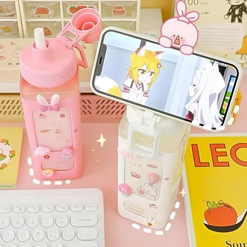Image of Morecare Water Bottle With Straw & Sticker,Kawaii Bear Water Bottle,Large Sport Plastic Portable Square Drinking Bottle For Girl,Cute Juice Tea Water Cups 900ml White (pack of-1)